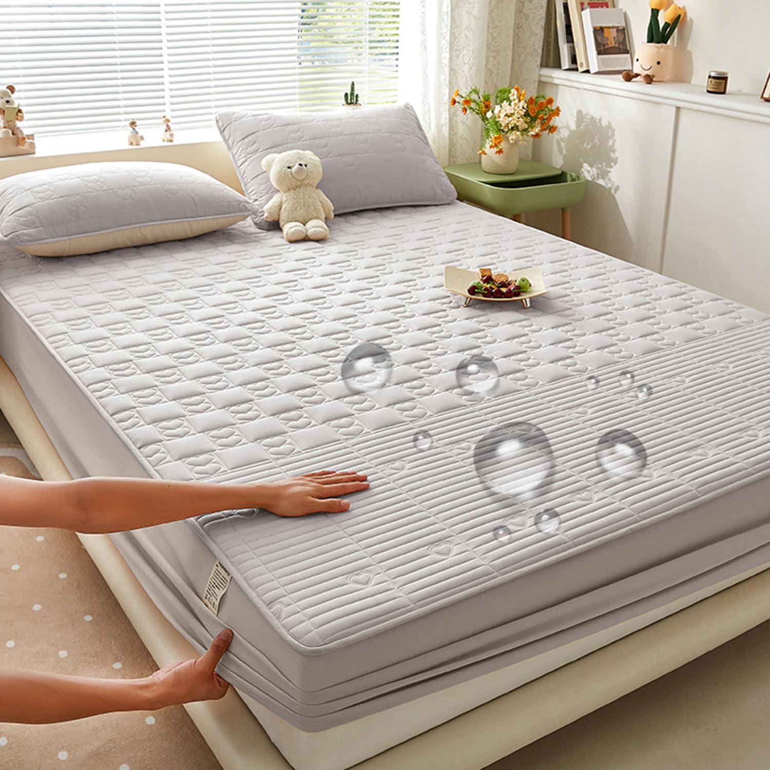 LDLCYCN ,A/grey2,180 * 200cm, 100% Waterproof Mattress Protector Cover Queen Size Quilted Fitted Sheet