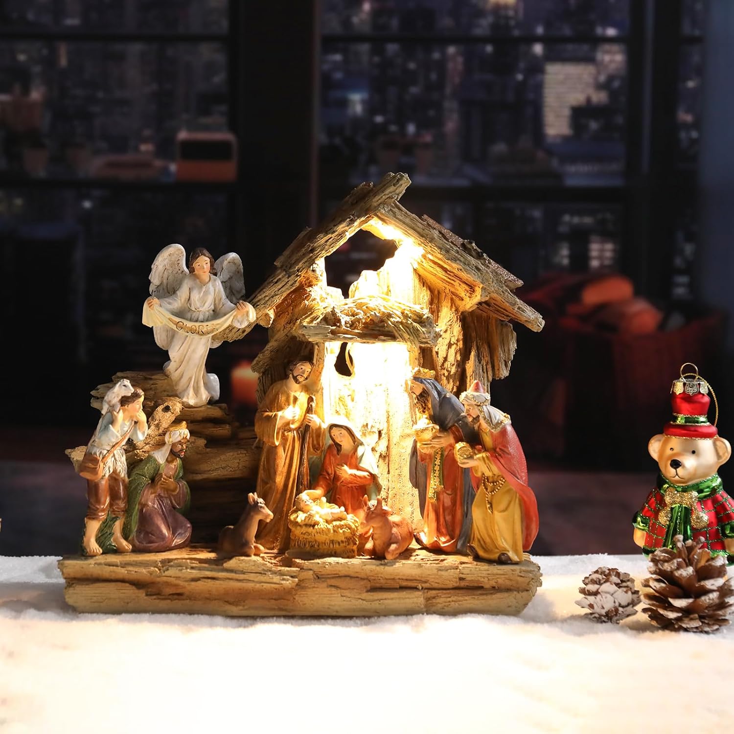 Aircity Nativity Scene with LED Lights - 10.2" Sculpted Christmas Nativity Set Indoor Decorations, Holy Family Figures for Desk, Mantel & Office, Perfect for Family & Kids