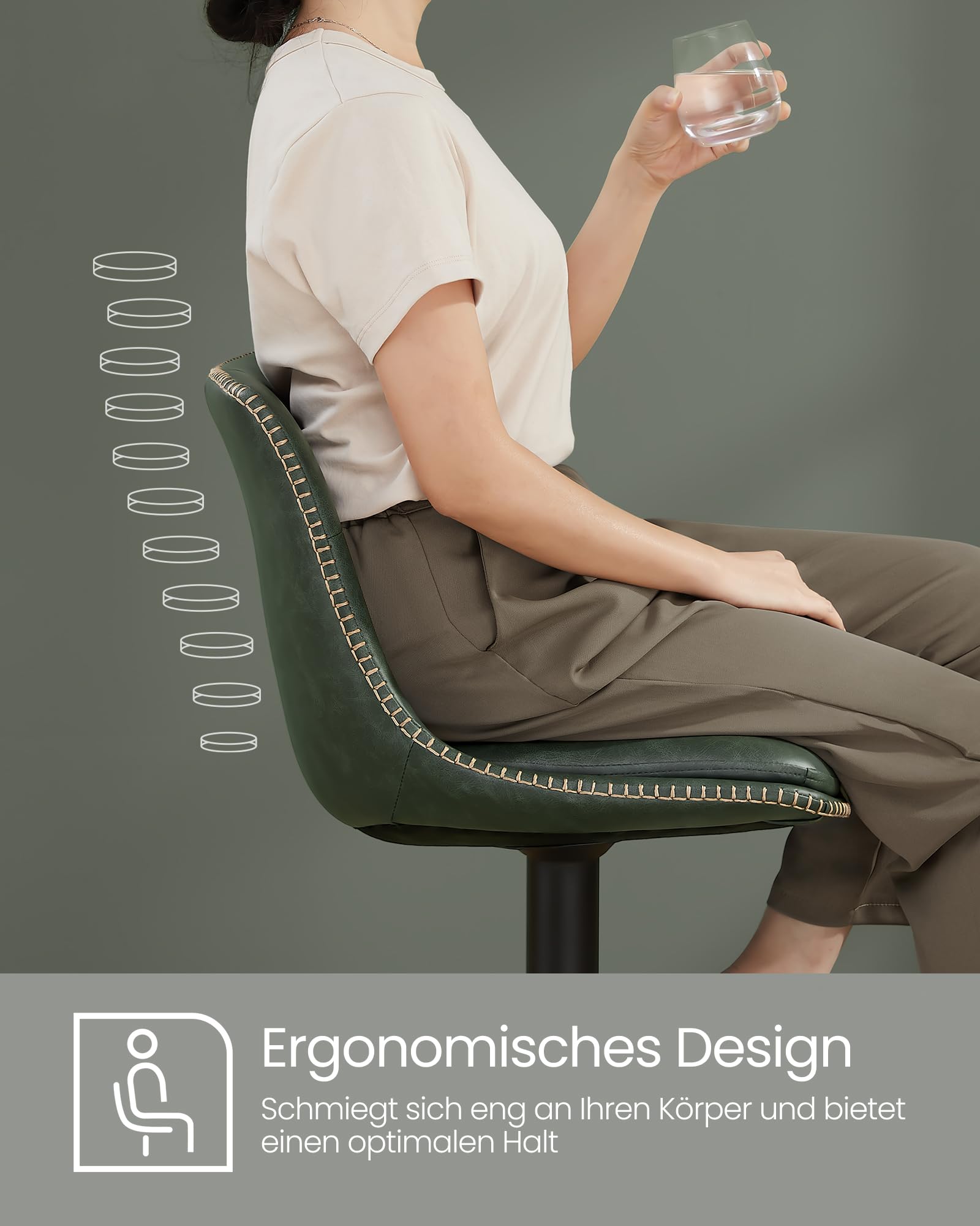 VASAGLE Barhocker 4er Set, Barstühle höhenverstellbar, drehbare Küchenhocker, gesteppter PU-Bezug, mit Rückenlehne und Fußstütze, Esszimmer, Theke, Stahl, waldgrün LJB295C01
