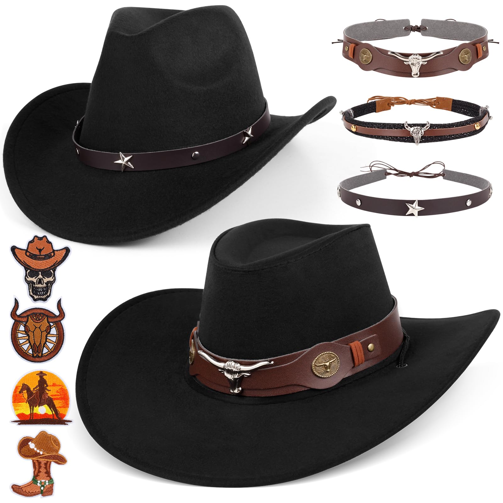 2 Pieces Western Cowboy Hat for Men Women Classic Fedora Hat with 3 Buckle Belt 4pcs (US, Alpha, 3X-Small, Medium, Black)