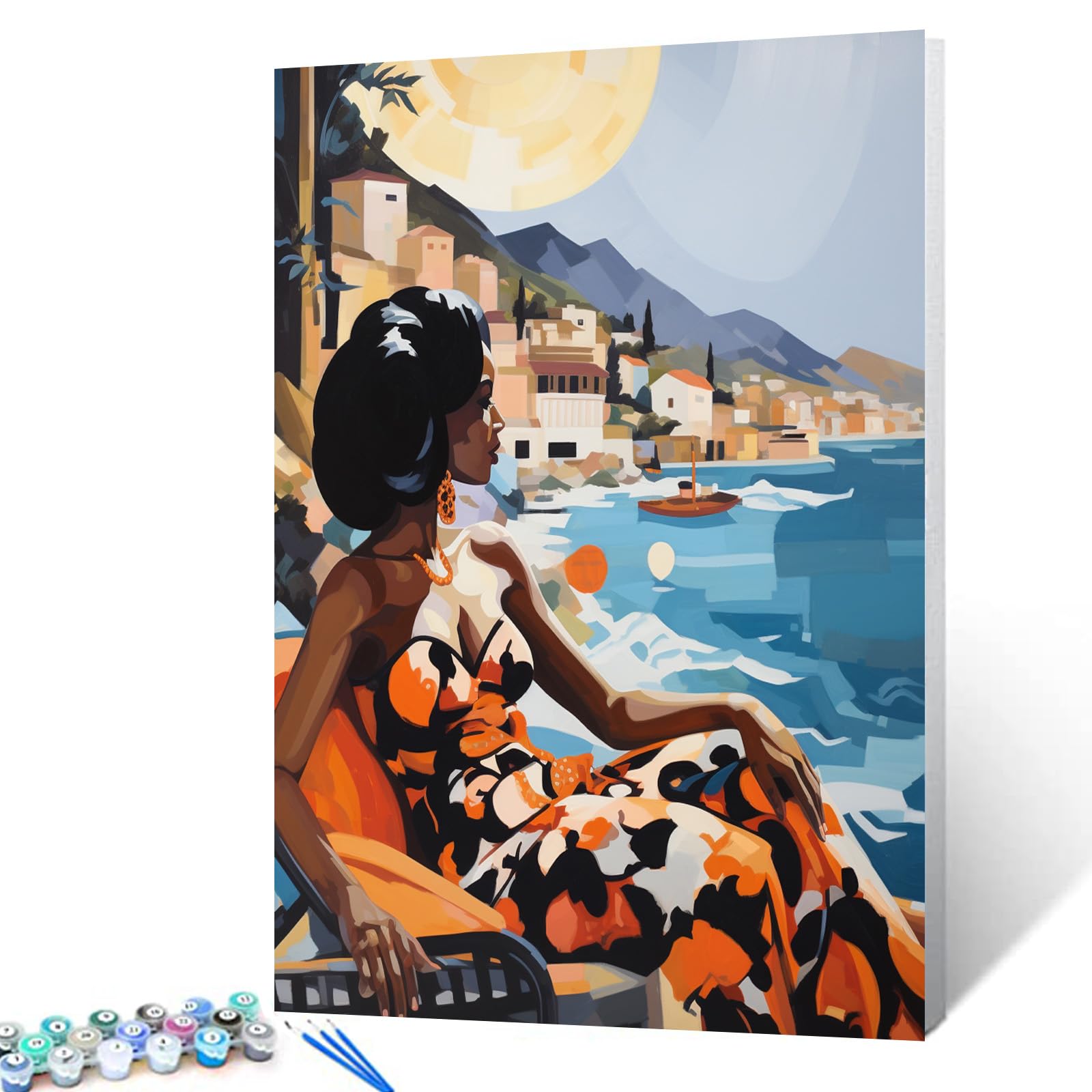 TUMOVO Sexy Black Girl Paint by Numbers,Fashion African Women Canvas Oil Painting Kit for Kids & Adults,16X20 inches Romantic Seaside Town Paintwork