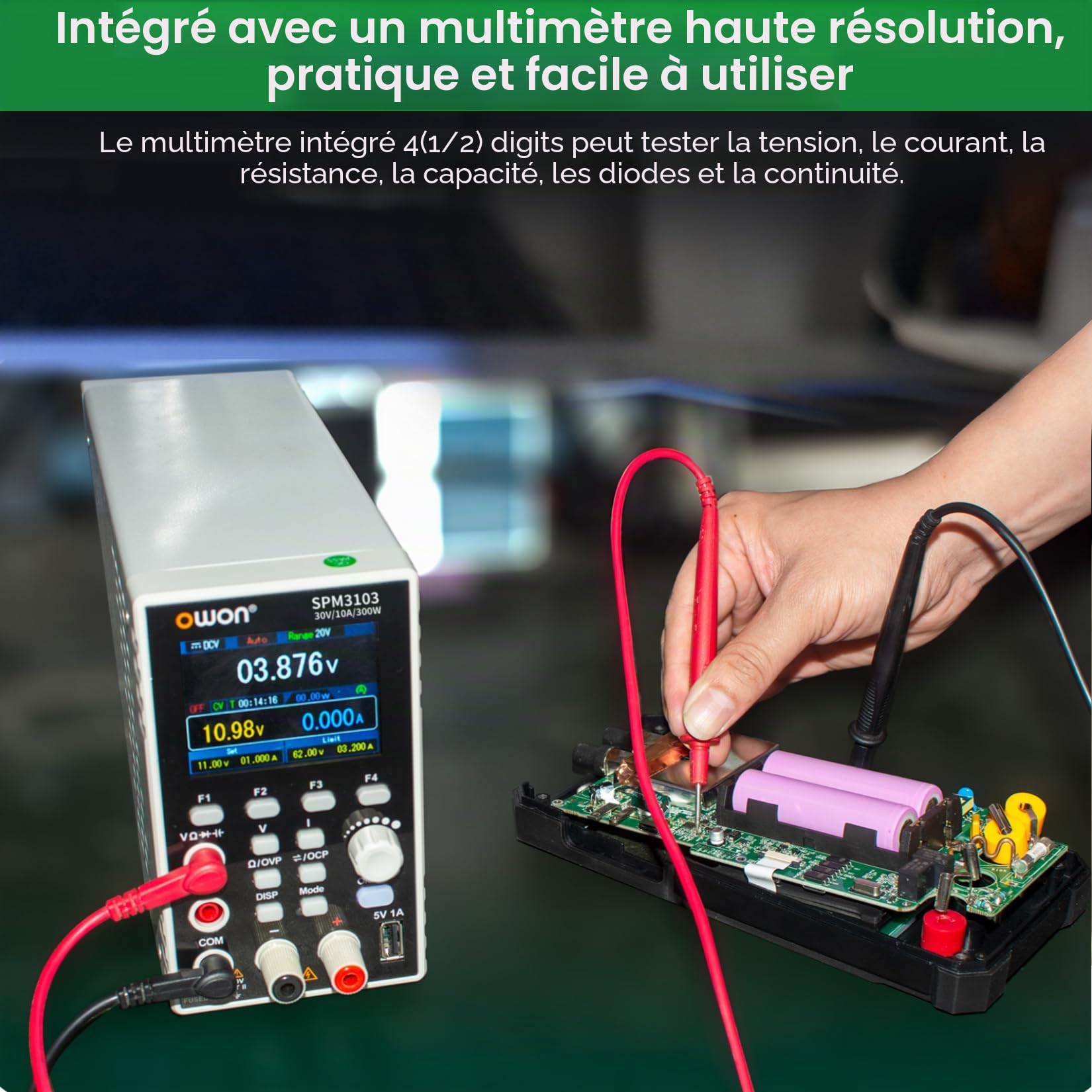 OWON SPM3103 Alimentation Laboratoire 30V 10A 2 en 1 DC Bloc d'alimentation et Multimètre Réglable Alimentation de Laboratoire avec écran LCD de 2,8 Pouces, Multimètre de 4 1/2 Support USB et SCPI