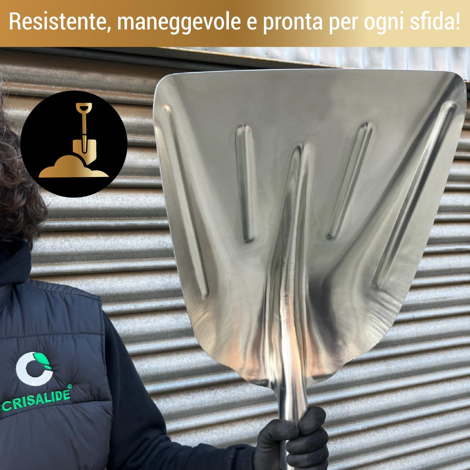 Crisalide® - Badile Super Resistente 36x49 cm con Manico in Legno - Versatile per Uso Agricolo, Giardinaggio e Lavori Pesanti, Multiuso, Pala da Neve (Alluminio)