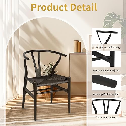 Miniatura 6 de Wishbone Silla de comedor de madera maciza natural, silla Hans Vegner Y, silla de ratán y madera con reposabrazos (madera de fresno - negro, 2