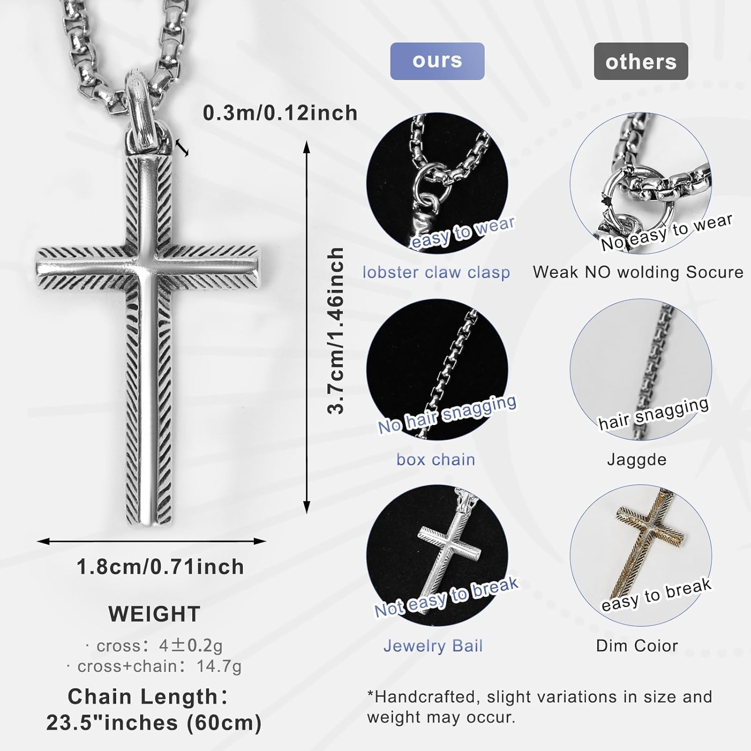 925 Silver Cross Necklace for Men, Oxidized Handcrafted Hammered/Diagonal, Vintage Silver Cross Pendant with Stainless Steel Chain, Gift for Men for Father’s Day, Christmas, Thanksgiving