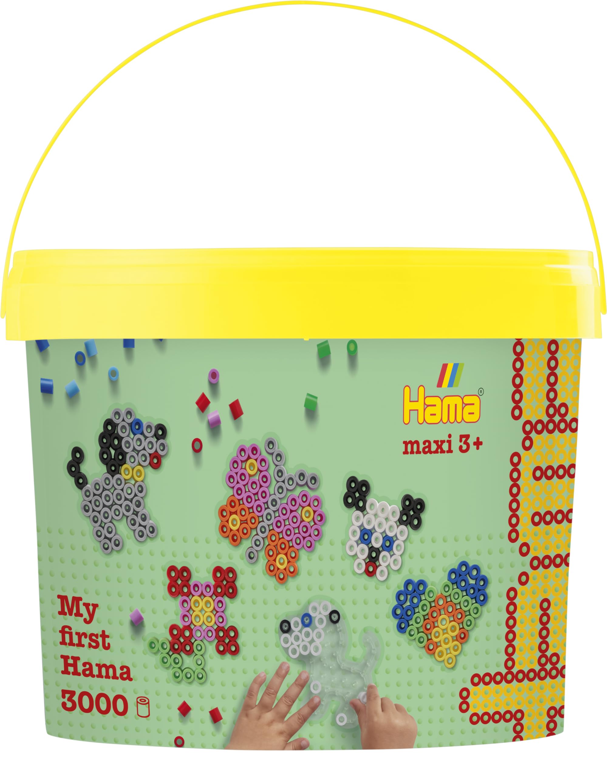 Hama Perlen 8806 Bügelperlen im Eimer mit ca. 3.000 Maxi-Perlen, vier kleinen Stiftplatten, Motivvorlagen, Bügelpapier, für Kinder ab 3 Jahren