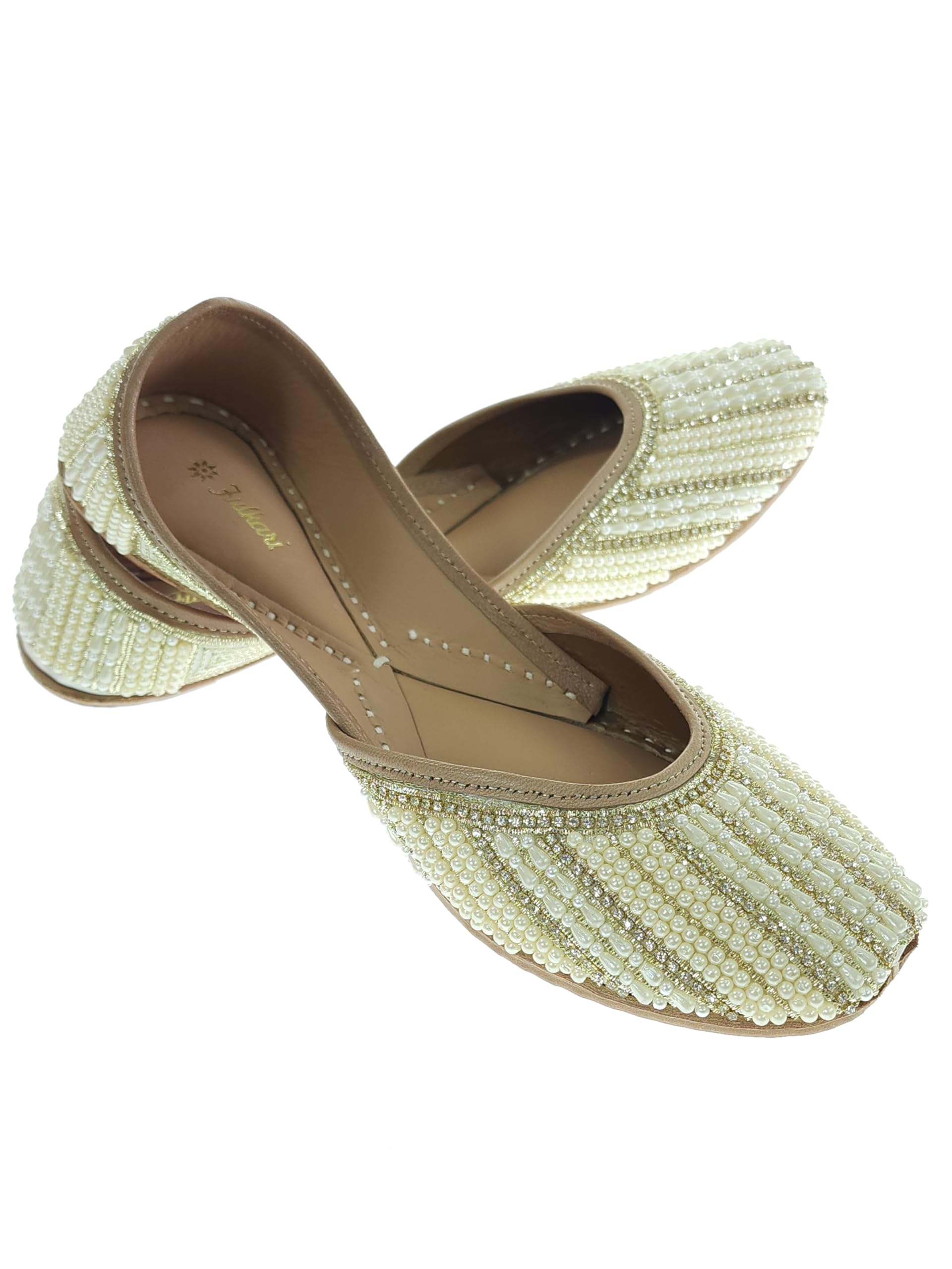 Women Pearl Beads Genuine Soft Leather Embroidered Jutis | Bite and Pinch Free Jutti | Punjabi Formal Juttis | Girl's Wedding Flat Ladies Mojari | Formal Ethnic Juti |-image-5