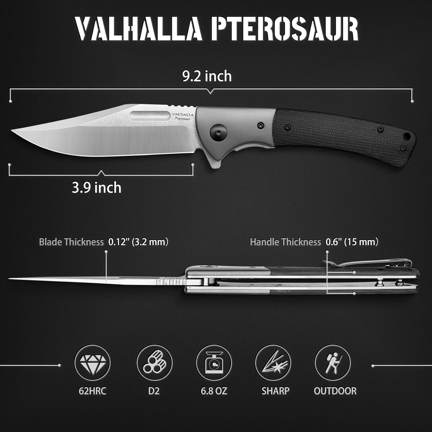 VALHALLA PTEROSAUR Pocket Knife, 3.9'' D2 Steel Folding Knife with Micarta Handle, Pocket Knife for Men, Cool Knives, Hunting Knife for Men (BLACK)