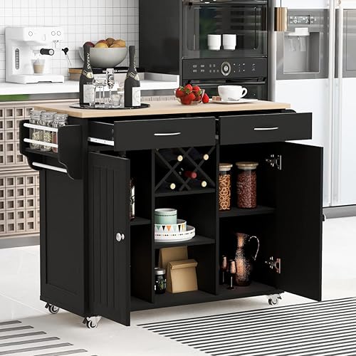 HoRunzelin Moderno carrito de madera con 2 armarios de almacenamiento 2 cajones estante de vino estante de especias y toallero para cocina y comedor