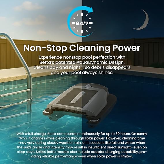 Betta Flex Solar-Powered Robotic Pool Skimmer Cordless with Dual Cleaning Modes, Soft-Touch Pool Protection. Compatible with Infinity Edge, In-Ground & Above-Ground Pools (Grey)