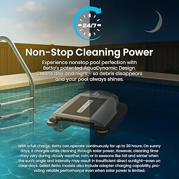 Betta Flex Solar-Powered Robotic Pool Skimmer Cordless with Dual Cleaning Modes, Soft-Touch Pool Protection. Compatible with Infinity Edge, In-Ground & Above-Ground Pools (Grey)