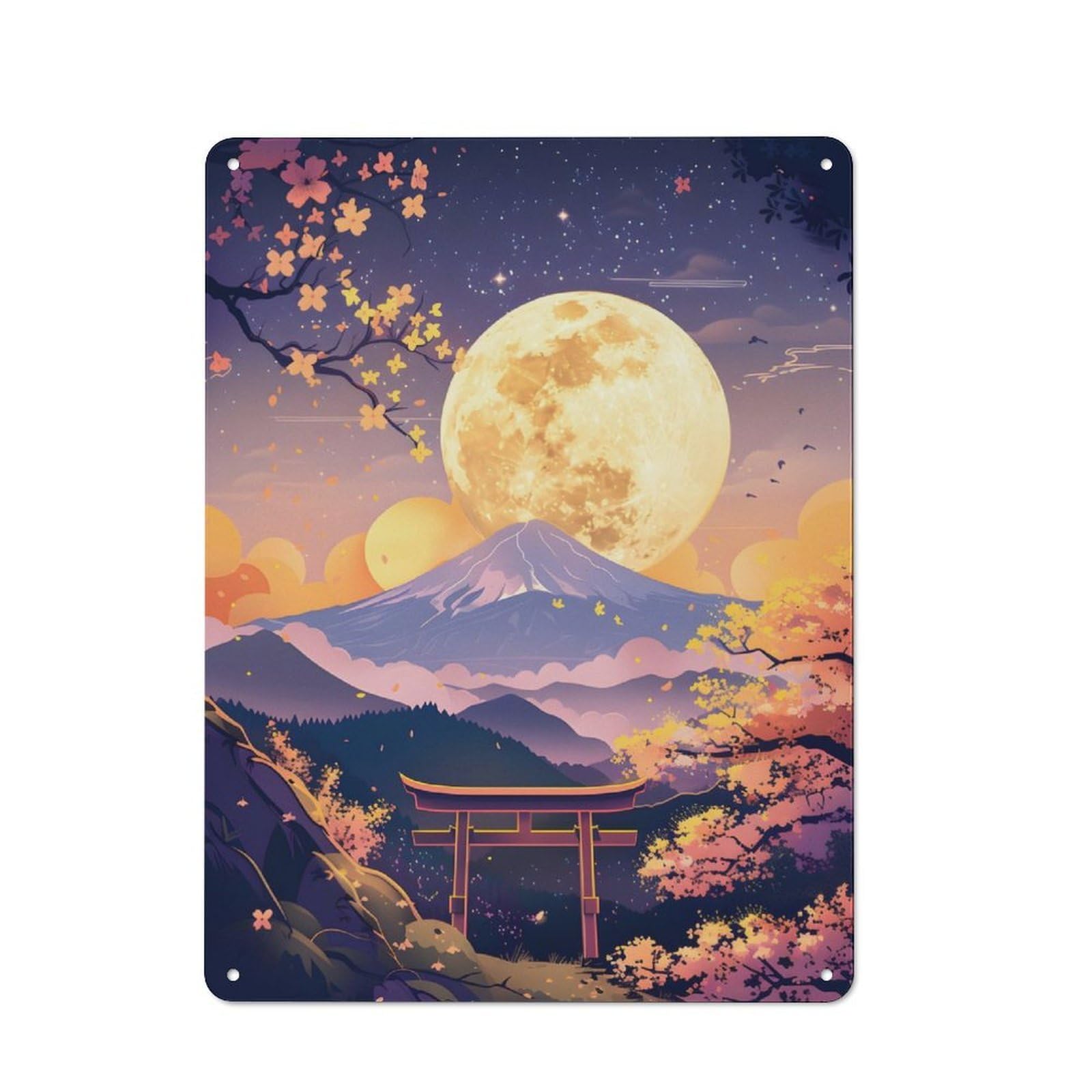 Junmoney Sunrise Moonlight Japan Retro Metal Wall Sign 40X30cm Featuring For Hallway Wall, For Garage, Workshop And Man Cave Decoration