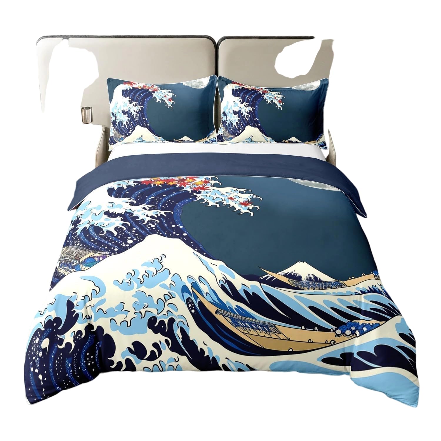 Parure de lit 100% coton style japonais avec housse de couette lune et taie d'oreiller enfant