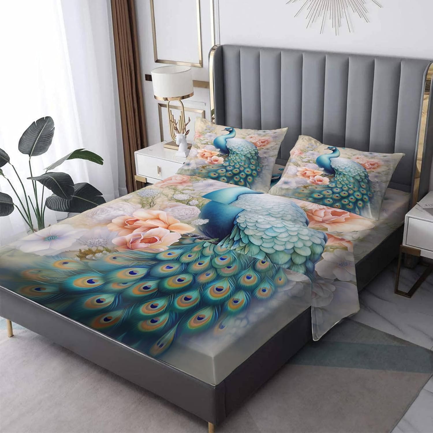 Floral Sheets Full Size Sheet Sets - Botanical Bed Sheets, Soft Microfiber & Deep Pocket & Wrinkle Free Patterned Bedding Sheets & Pillowcases, 4 Piece ( 1 Fitted Sheet, 1 Flat Sheet, 2 Pillow Cases )