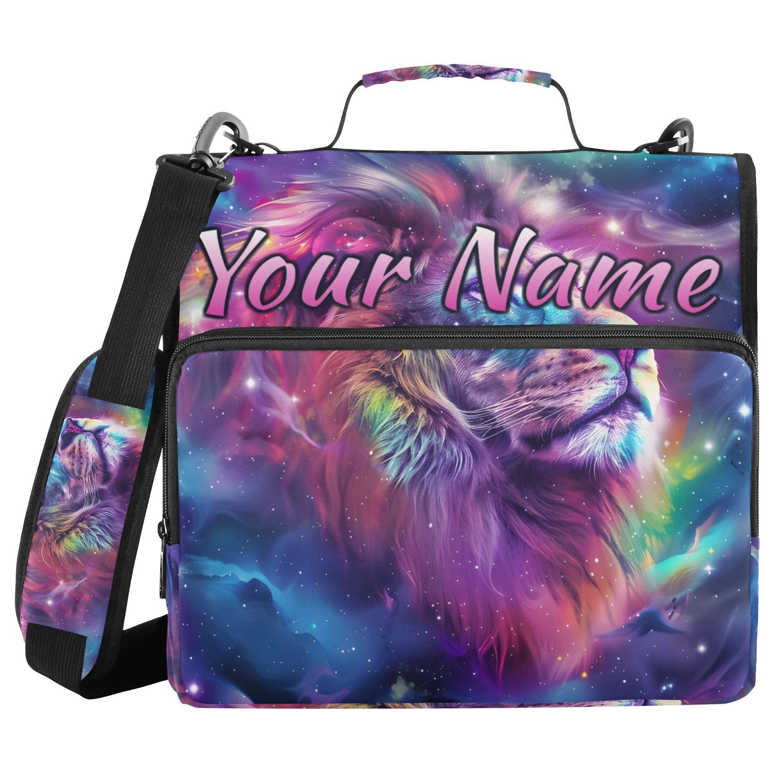 Custom 3 Ring Zipper Binder Lion Glaxy Animal Head Personalized Name 1.5 Inch Binders Large Capacity Multi Pockets for School Office Supplies