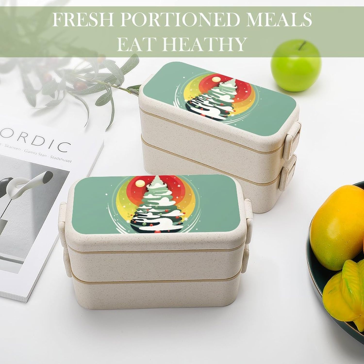 Lunch Box Bento Premium Simple Merry Christmas Tree Printed Bento Box Bento with Spoon And Fork with Compartment Containers Suitable for Men And Women, style