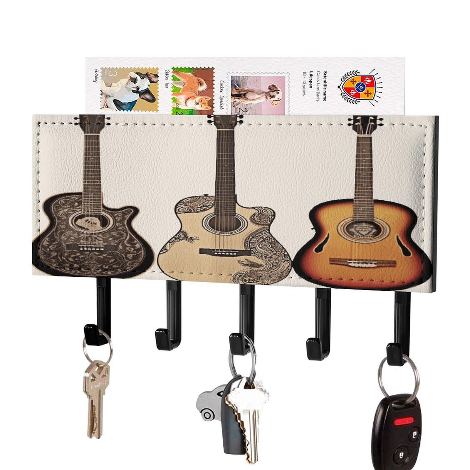 Fekiloot Black-Style Guitar Key Holder Wall Mount Key And Mail Holder Key Hanger With 5 Hooks Decorative Pu Key Rack Hanging Key Hooks For Wall Living Room Kitchen Bathroom Hallway