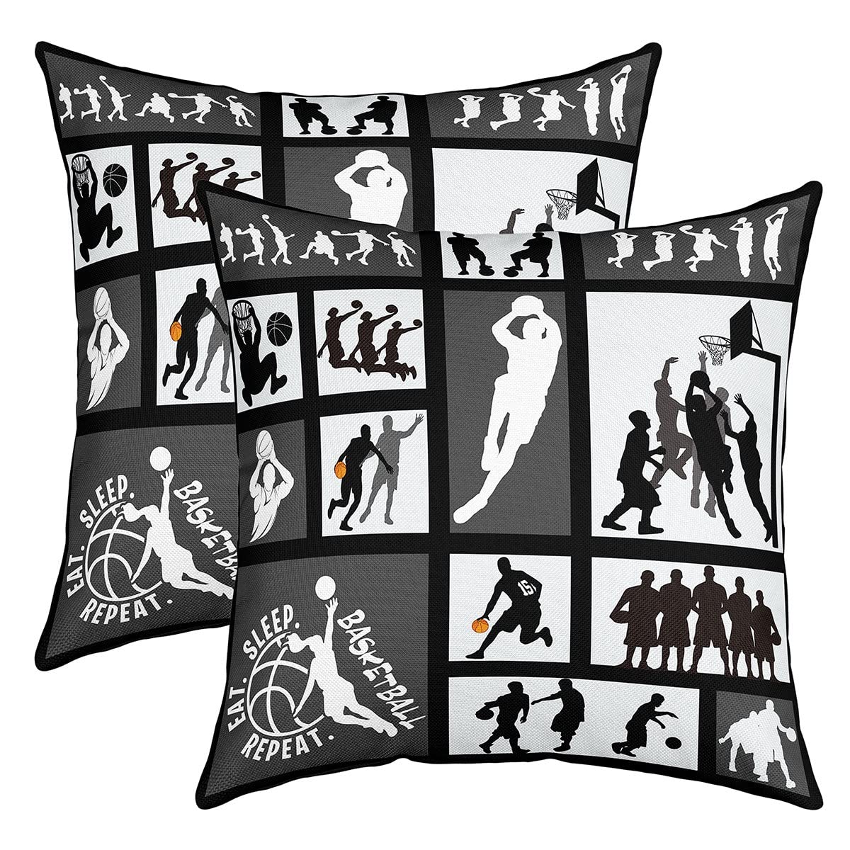 Loussiesd Pack of 2 Basketball Decorative Throw Pillow Covers Soft Gaming Sports Square Cushion Case Set for Sofa Bedroom Living Room Ball Games Black White Pillow Cases Pillowcases 18x18 Inch
