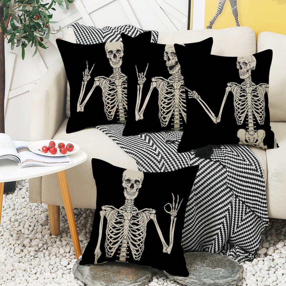 PRK 14 4 pcs Halloween Black Cushion Covers Skeleton Bones Gothic Pillow Throws for Livingroom Bedroom Couples Sofa Horror Scary Pillowcase Set 45 x 45cm - Image 4