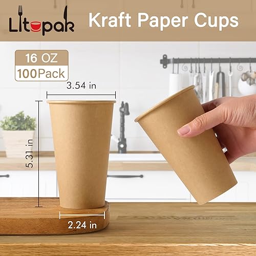 Miniatura 2 de LITOPAK Paquete de 100 tazas de café de papel kraft de 16 onzas para agua, jugo y té, tazas de café caliente desechables para el hogar, restaurante,