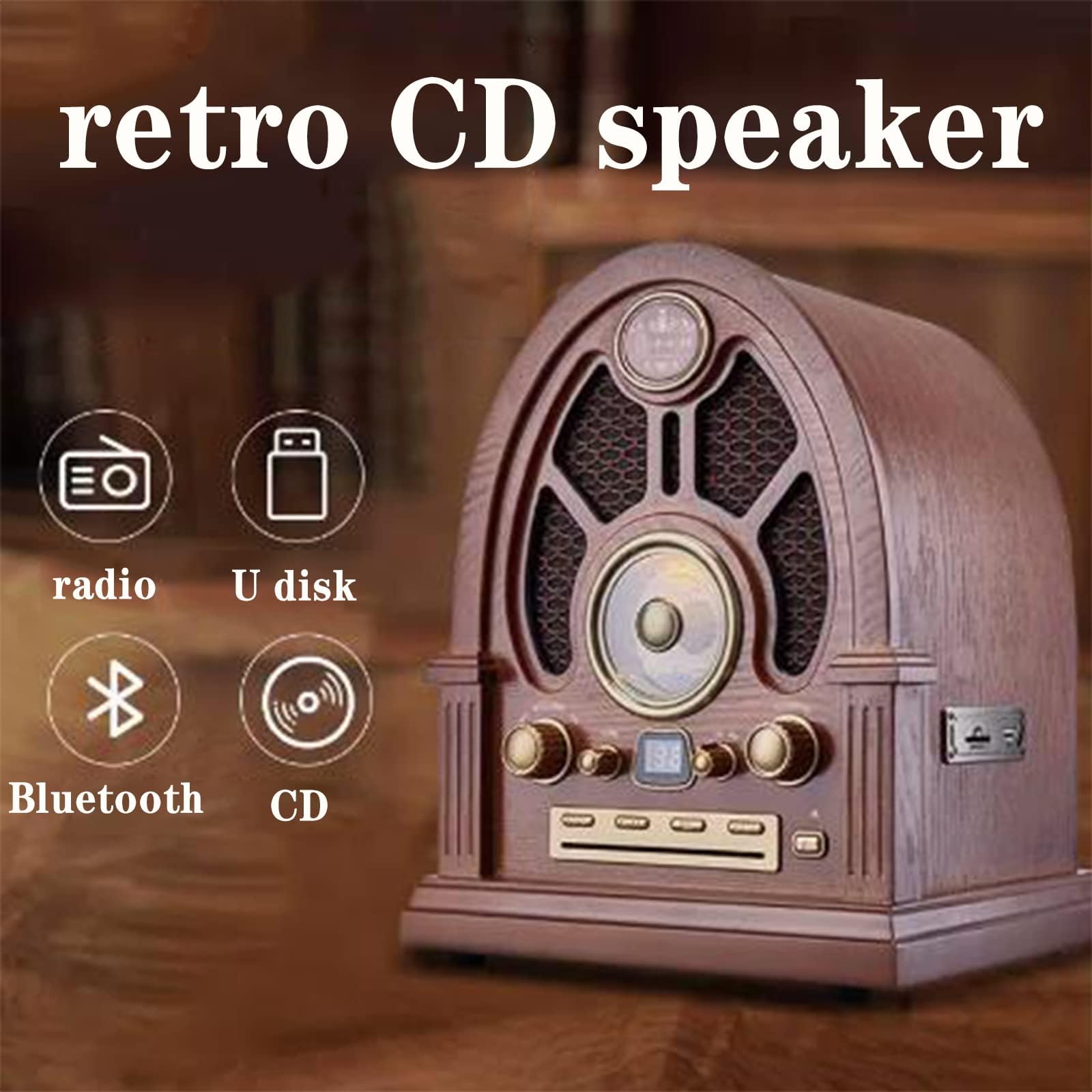 Lettore CD portatile con altoparlante Bluetooth in legno retrò, radio FM/AM, AUX, USB, SD e MMC, riproduzione di schede per anziani e bambini
