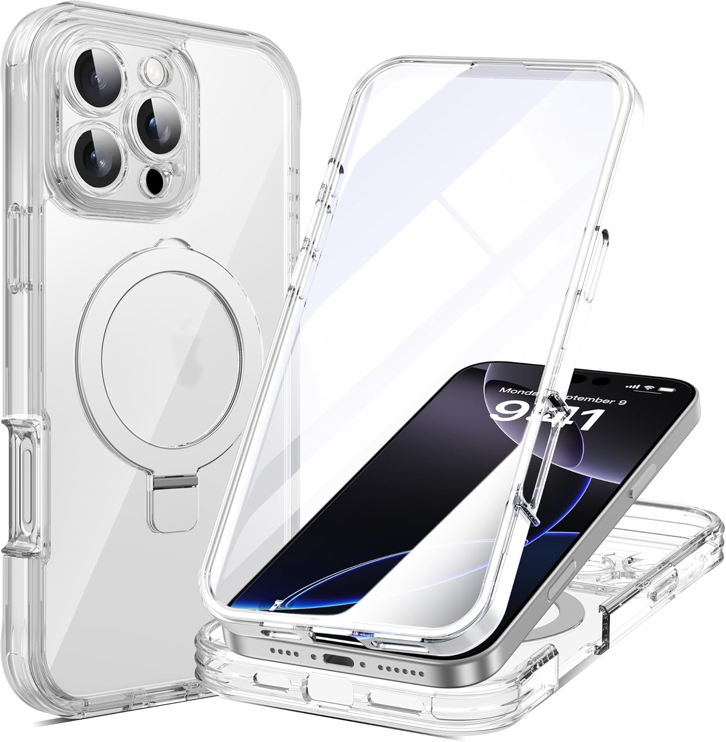 for iPhone 16 Pro Max Case with Invisible Magnetic Stand, Compatible with Mag-Safe Military-Grade Protection with Built-in Screen Protector, Shockproof Phone Case for Women Men, Clear