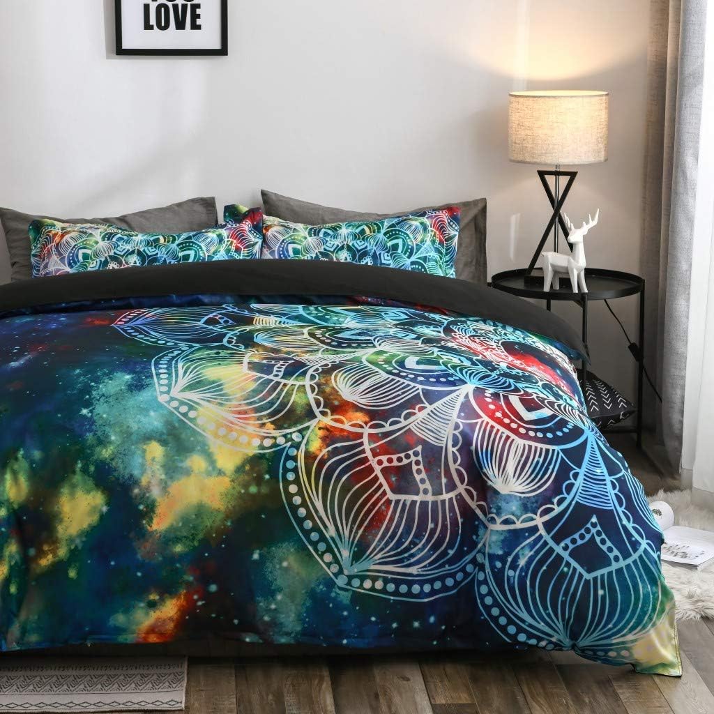 Boho Chic Bedding Rustic Floral Mandala Galaxy Duvet Cover Set Twin Size, Bohemian Native Outer Space Decorative Blue 2 Piece Bedding Set with 1 Pillow Sham(Twin, Style1) Style1 Twin