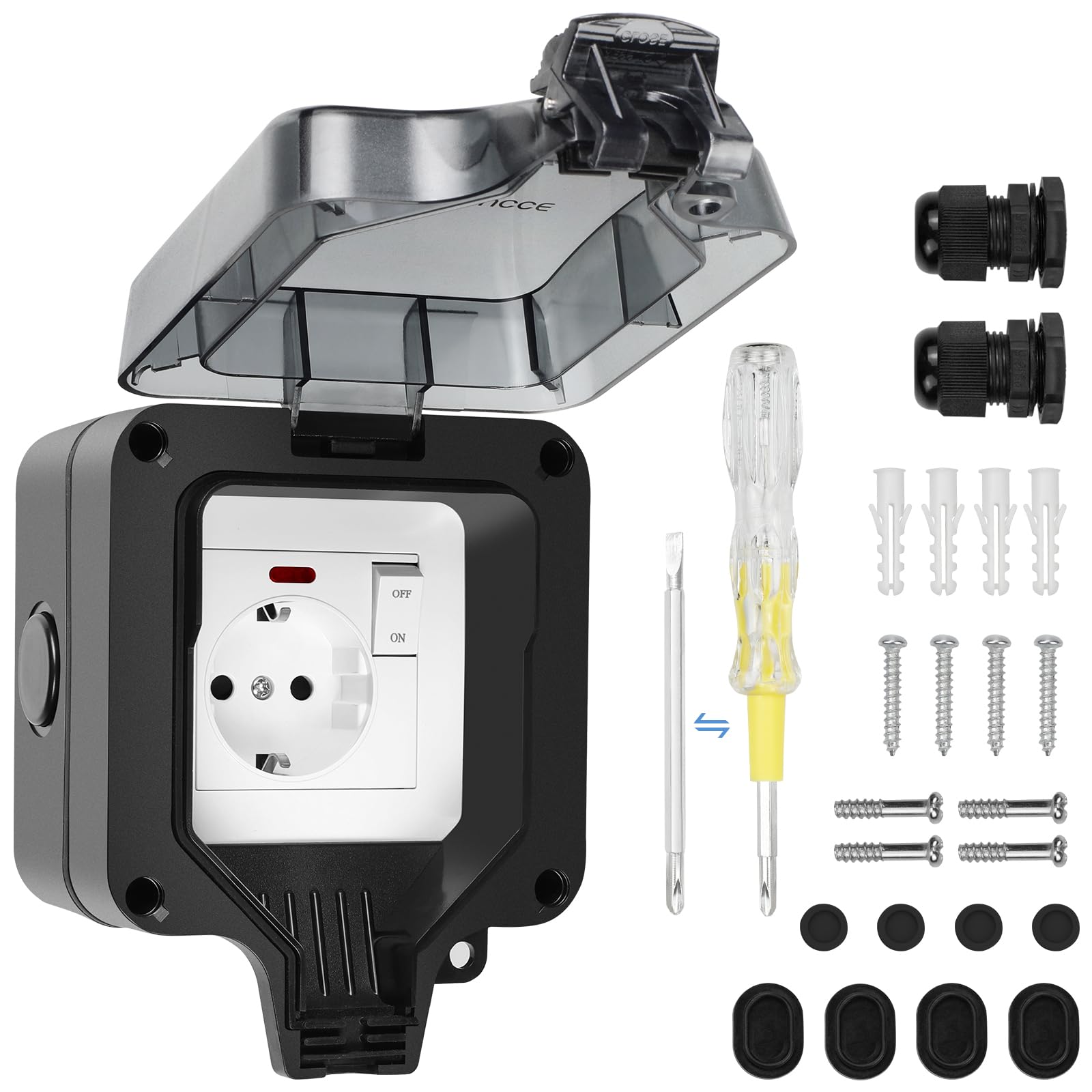 SHYOSUCCE 2-Fach Außensteckdose mit Kabelverbinder und Klappdeckel, IP66 Wasserdicht Wandsteckdose Staubdicht Outdoor Steckdose für Küche, Bad, Garage, Schwimmbad und Garten Schwarz