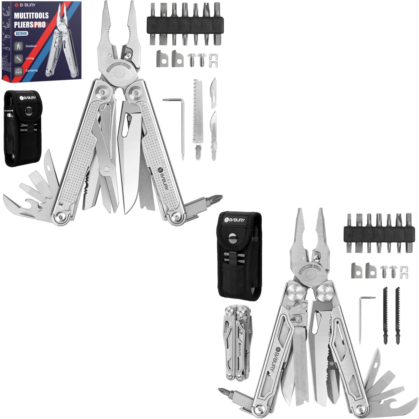 Multitools Pliers Pro Series, BI2049 + BI2045 Silvery, Foldable Multitools With Replaceable Wire Cutters and Upgraded Scissors, T-Shank Interchangeable Tools, Ideal for Camping Fishing Survial