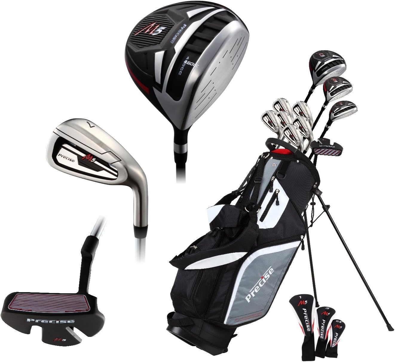 M5 Complete Golf Club Set for Men - Left Handed Tall Mens Golf Clubs Full Set w/Driver, Wood, Hybrid, Irons, Putter, Stand Bag & Headcovers - Beginner Friendly Package - Black/Red
