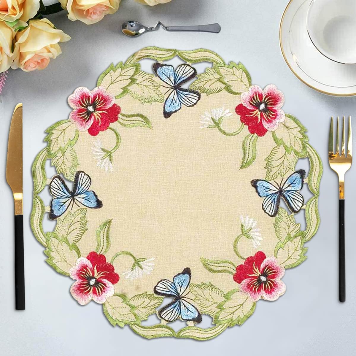 Decozen Set of 4 Doilies for Table, Lace Doilies - Rustic, Crochet, Farmhouse, Kitchen, Round Table Placemats - Valentines Day Decorations - 15 inch Gold Beige, The Maliana Collection