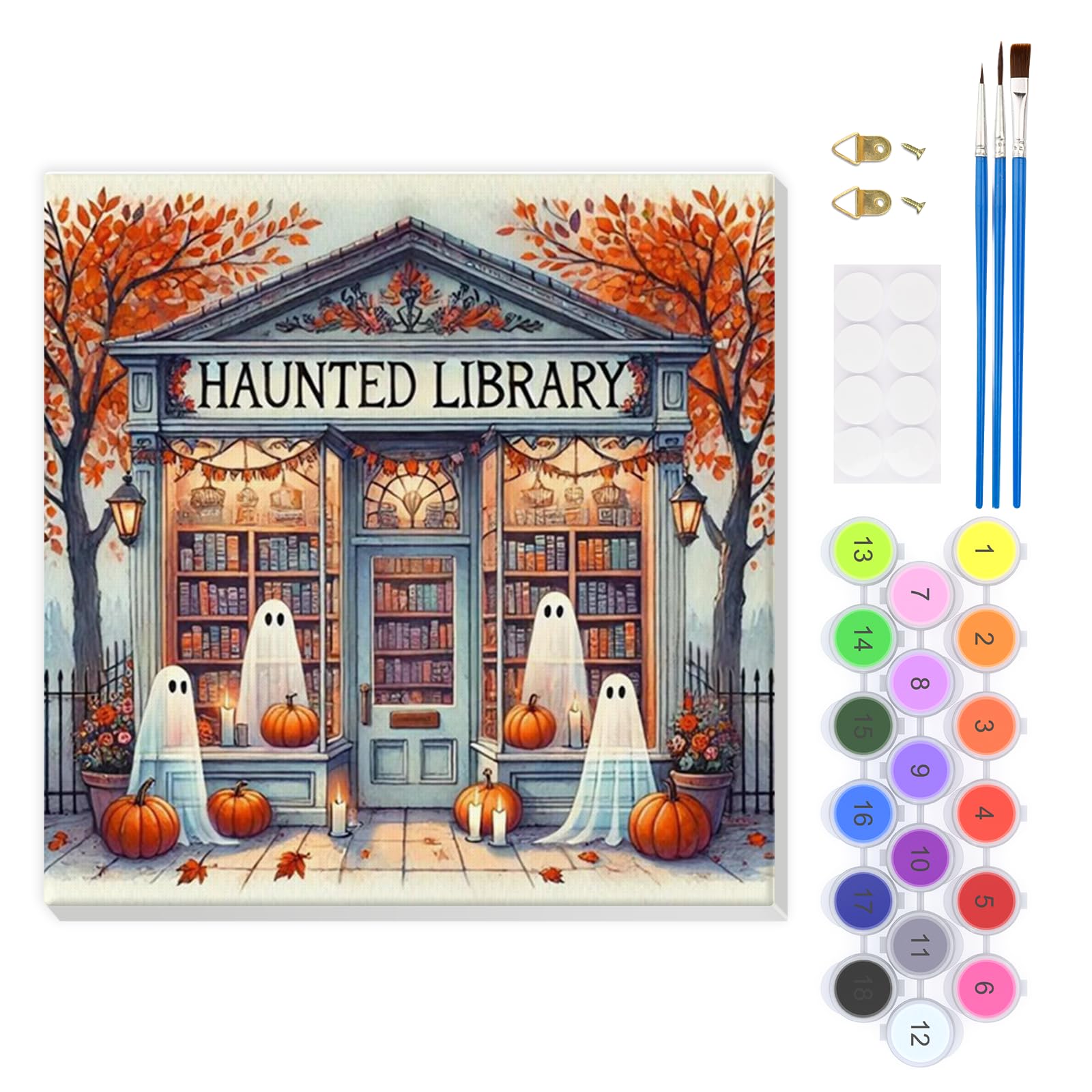 EOBROMD Ghost Paint by Numbers for Adults with Frame, Bookstore Paint by Numbers Kits, Halloween DIY Color Oil Painting Acrylic Easy Painting by Numbers for Gift Home Wall Decor (8x8inch)