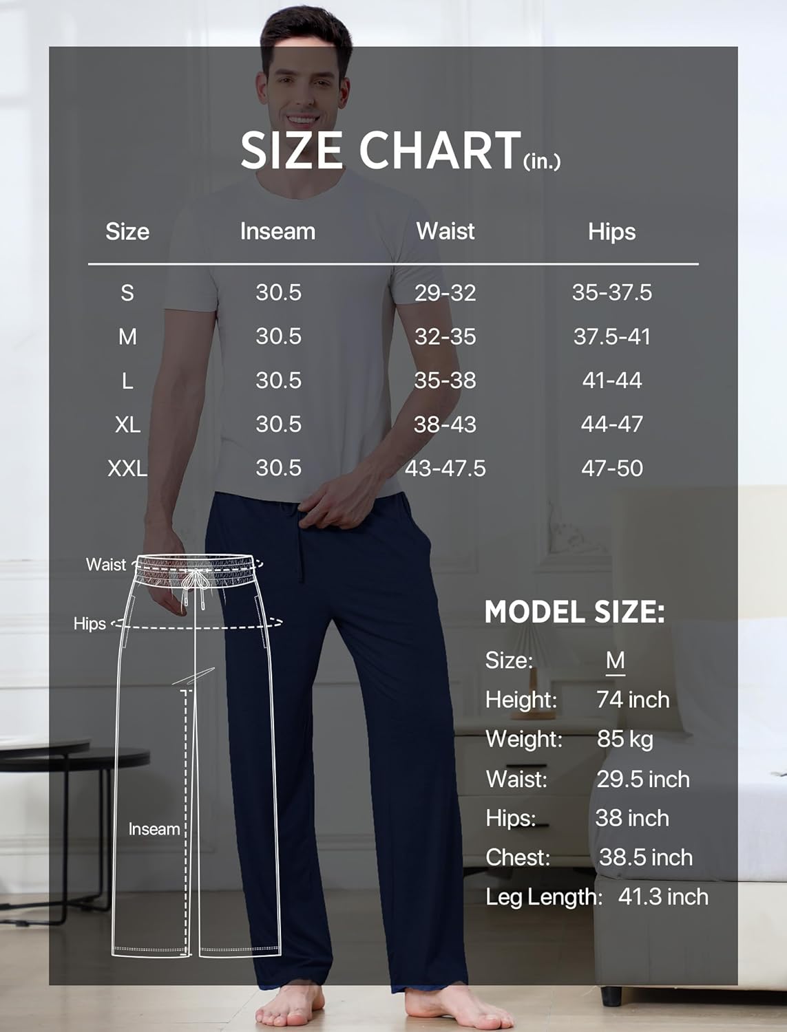 DITOK Men's Lightweight Pajama Pants Soft Lounge Sleep Joggers Adjustable Drawstring & Pockets All-Season Sleepwear - Image 7