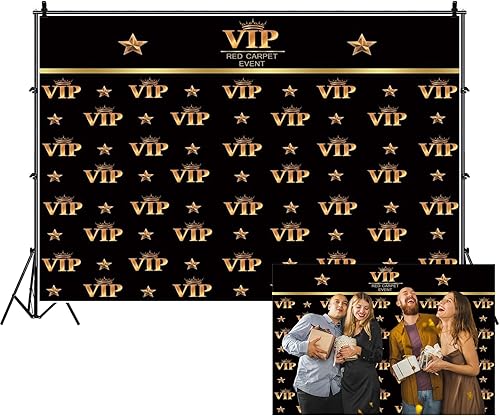 Renaiss Telón de fondo VIP de 7 x 5 pies, alfombra roja VIP, estrellas negras y doradas, corona de actividad, actividad de celebridad, premio de