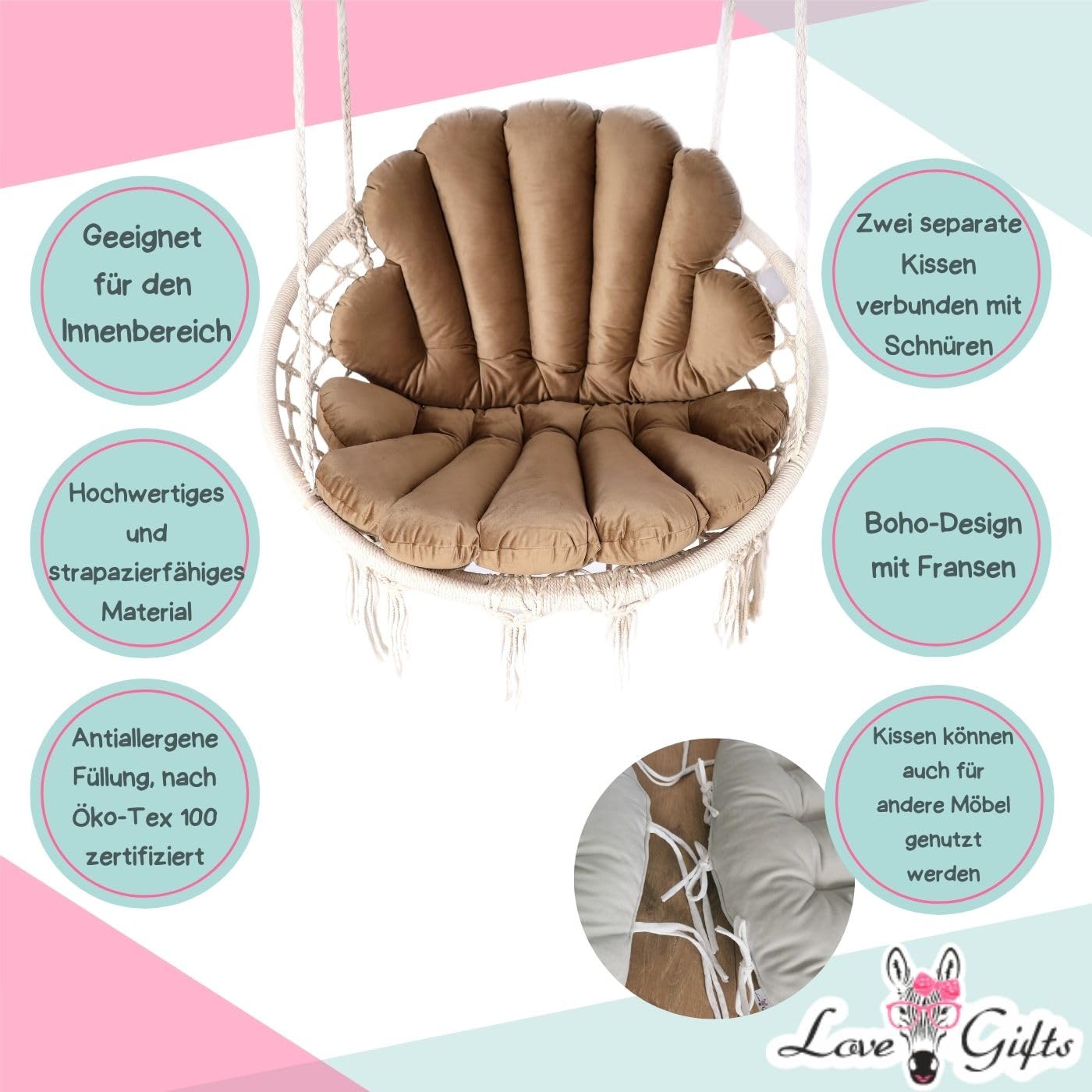 Love Gifts® Hängesessel ohne Gestell | Hängesessel Indoor mit Zwei Kissen optimal für den für Innenbereich wie Wohnzimmer & Kinderzimmer geeignet | Braun