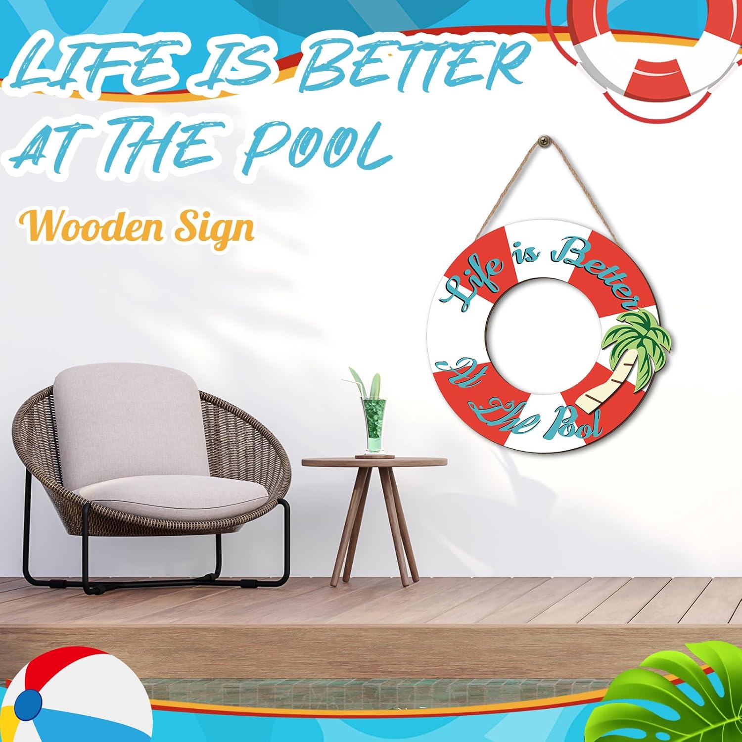 Life is Better at The Pool Sign Wooden Hanging Art Sign Pool Decor Hanging Sign Plaque for Rustic Summer Outdoor Swimming Pool Home Porch Garden Backyard Beach Patio Party Farmhouse Decor - Image 2