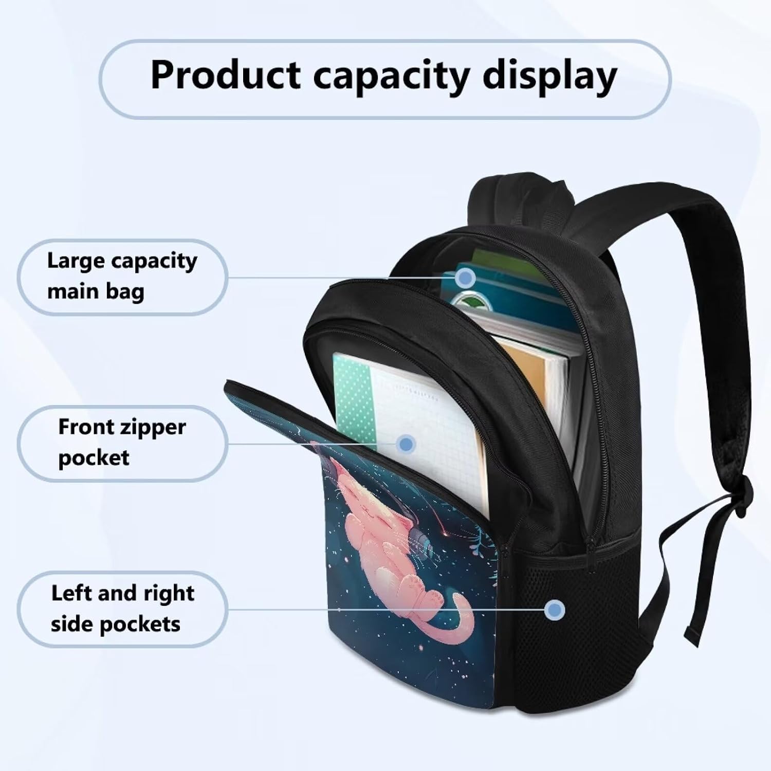 Cat Music Backpack Kids Book Bags for Girls 9-12 School Backpacks for Teens Cute School Bag for Elementary Middle High Students 17 Inch Bookbag with Adjustable Shoulder Strap