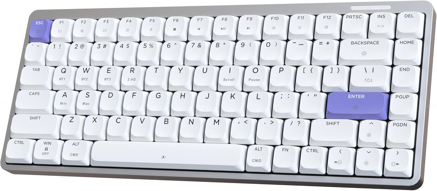 EPOMAKER Luma84 Low Profile Aluminum Mechanical Keyboard, QMK/VIA Programmable, Tri-Mode Wireless, Win/MAC/Linux Compatible, RGB Backlight (White&Purple, Gateron Low-Profile Brown Switch)