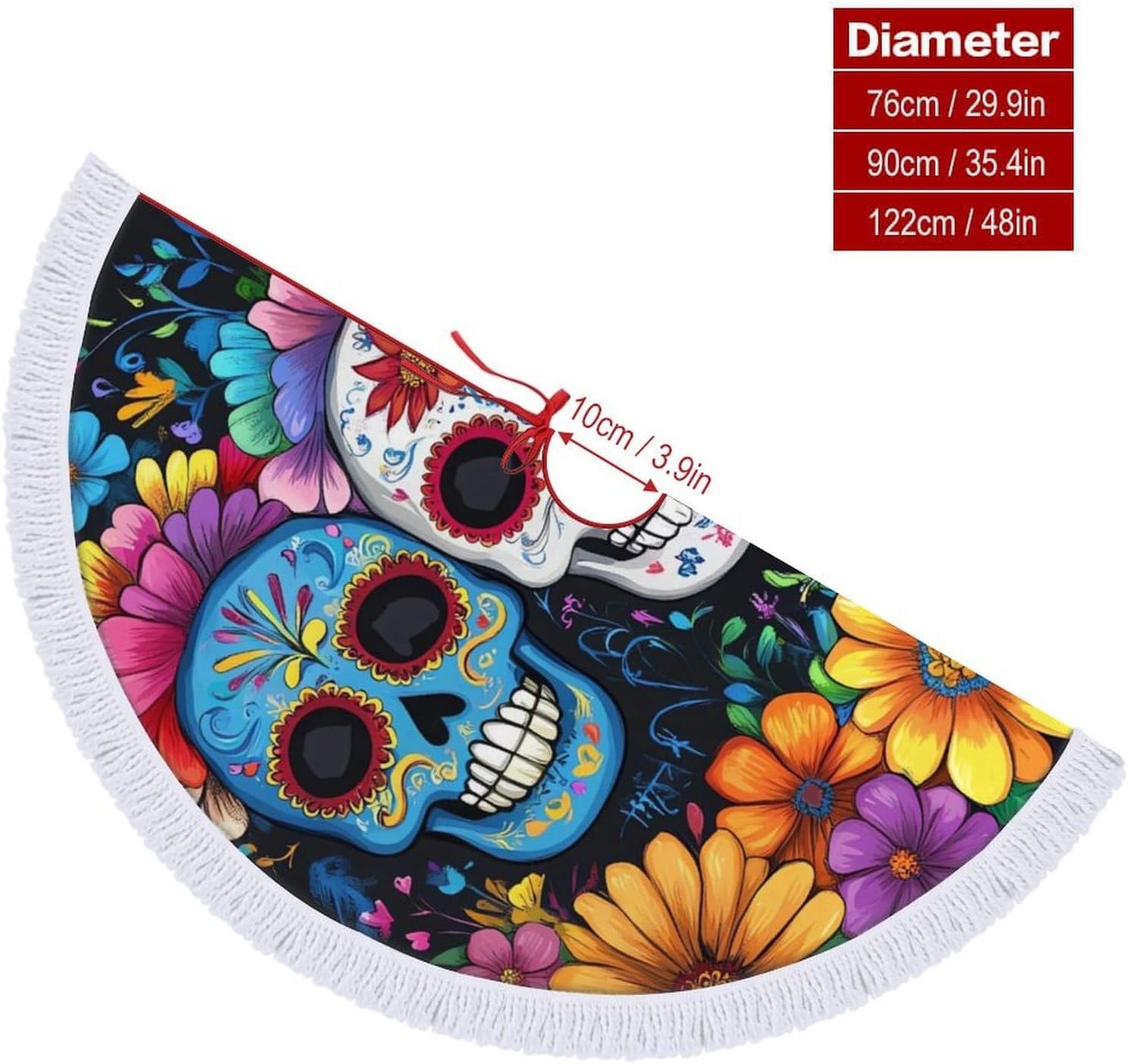 Day of The Dead Skull Flower Christmas Tree Skirt Round Xmas Tree Mat Ornaments Tree Skirts with Tassels for Holiday Party