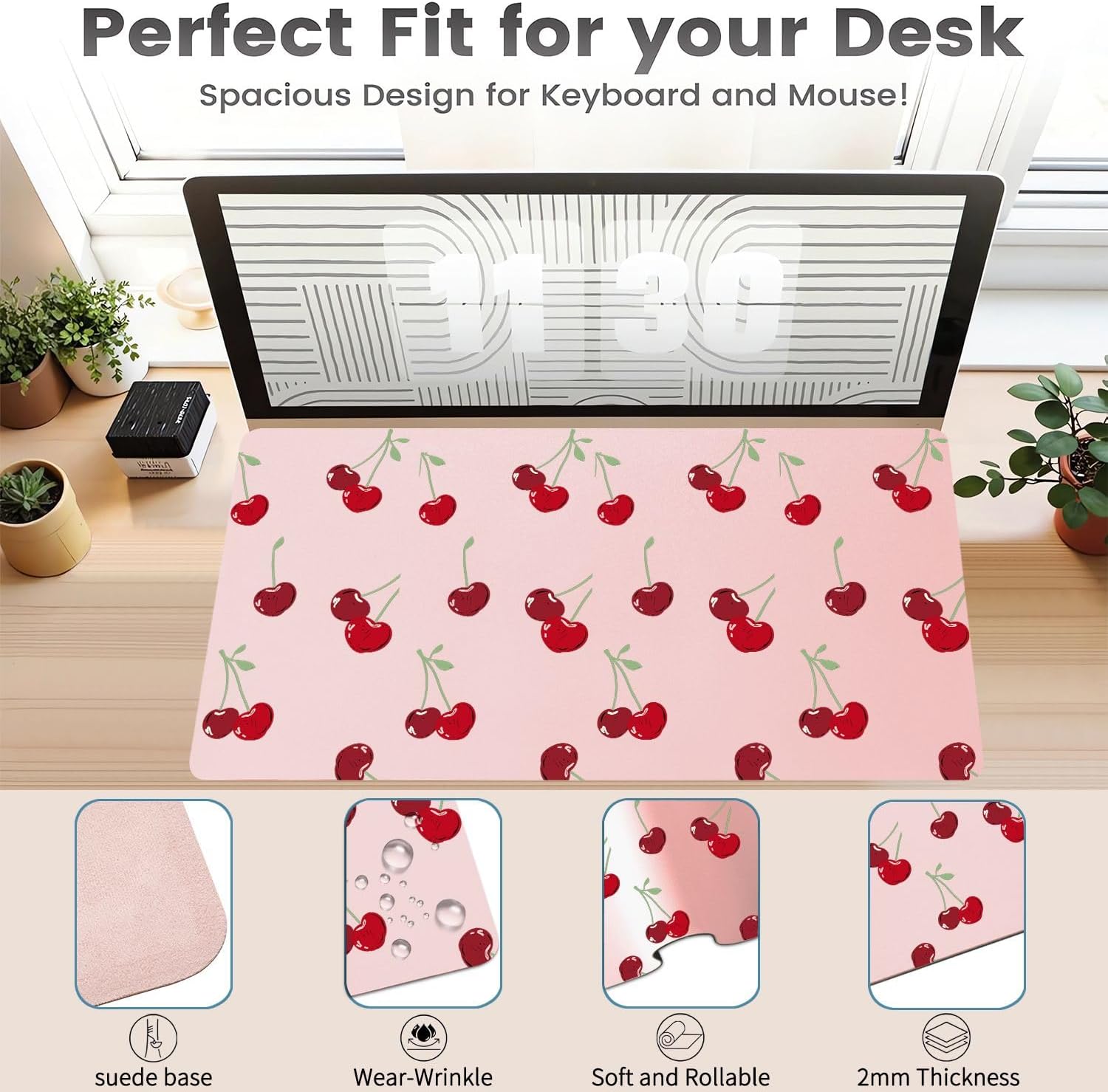 Cute Kawaii Cherry Office Desk Mat 23.6''X11.8''Pretty Design Desktop Mat Pu Leather Large Mouse Pad Aesthetic Mousepad Non-Slip Table Mat for Girls Women Home Work Computer Game