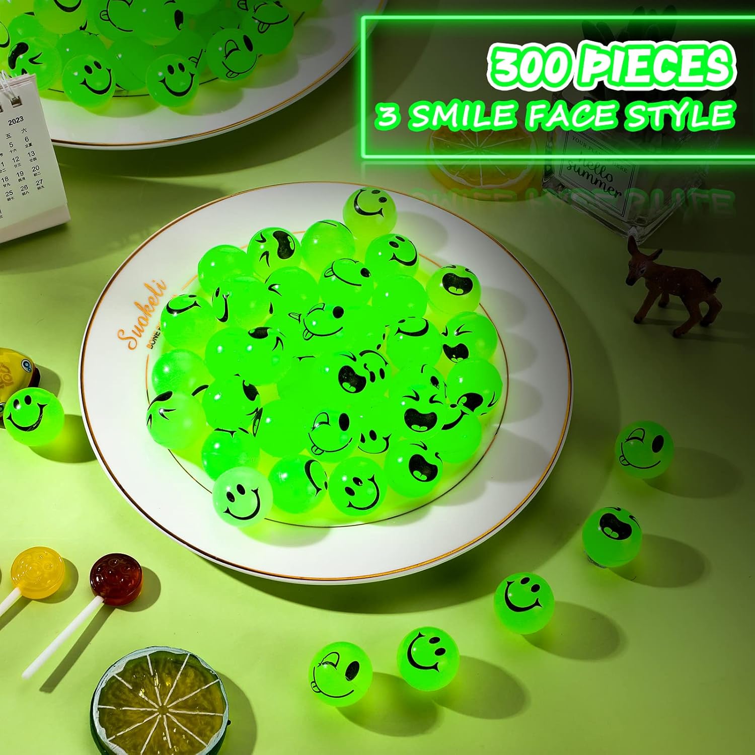 Deekin 300 Pack Bouncy Balls Bulk Glow in the Dark Smile Face 1 Inch Mini High Bounce Bouncy Balls 3 Facial Styles for Kids Teens Party Birthday Favors Goodie Gift Bag Fillers