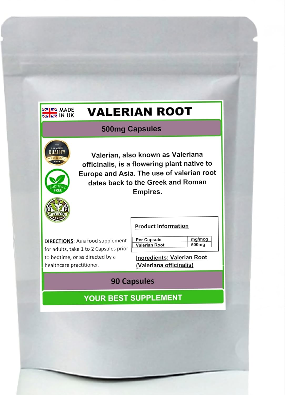 Valerian Root Capsules 500mg, Natural (High Strength) Valeriana officinalis 90