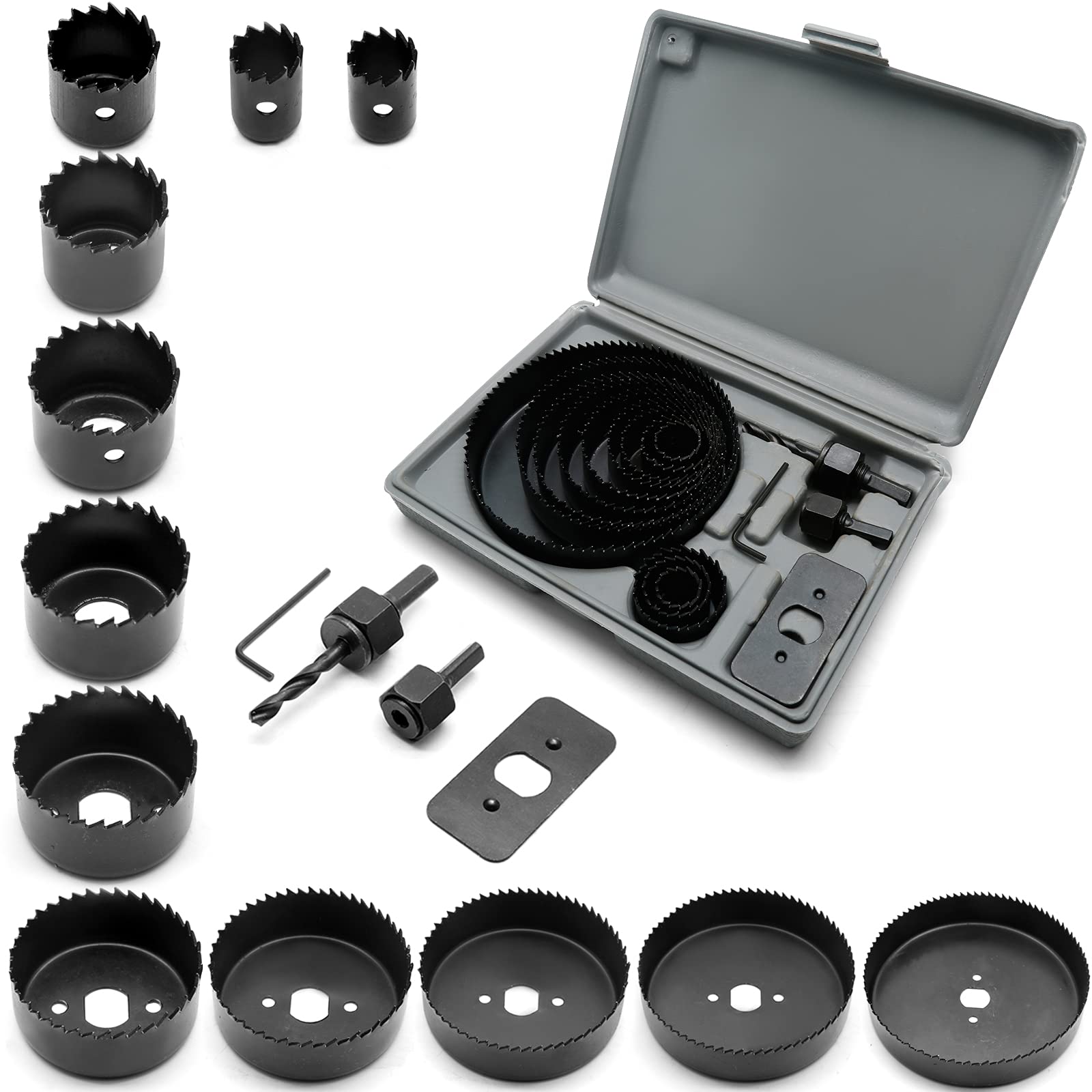 Jersvimc 16 Piece Hole Saw Kit with Mandrel Hex, 3/4"-5" Hole Cutter Set Round Hole Drill Bit Set for Wood Plastic Drywall PVC Corn