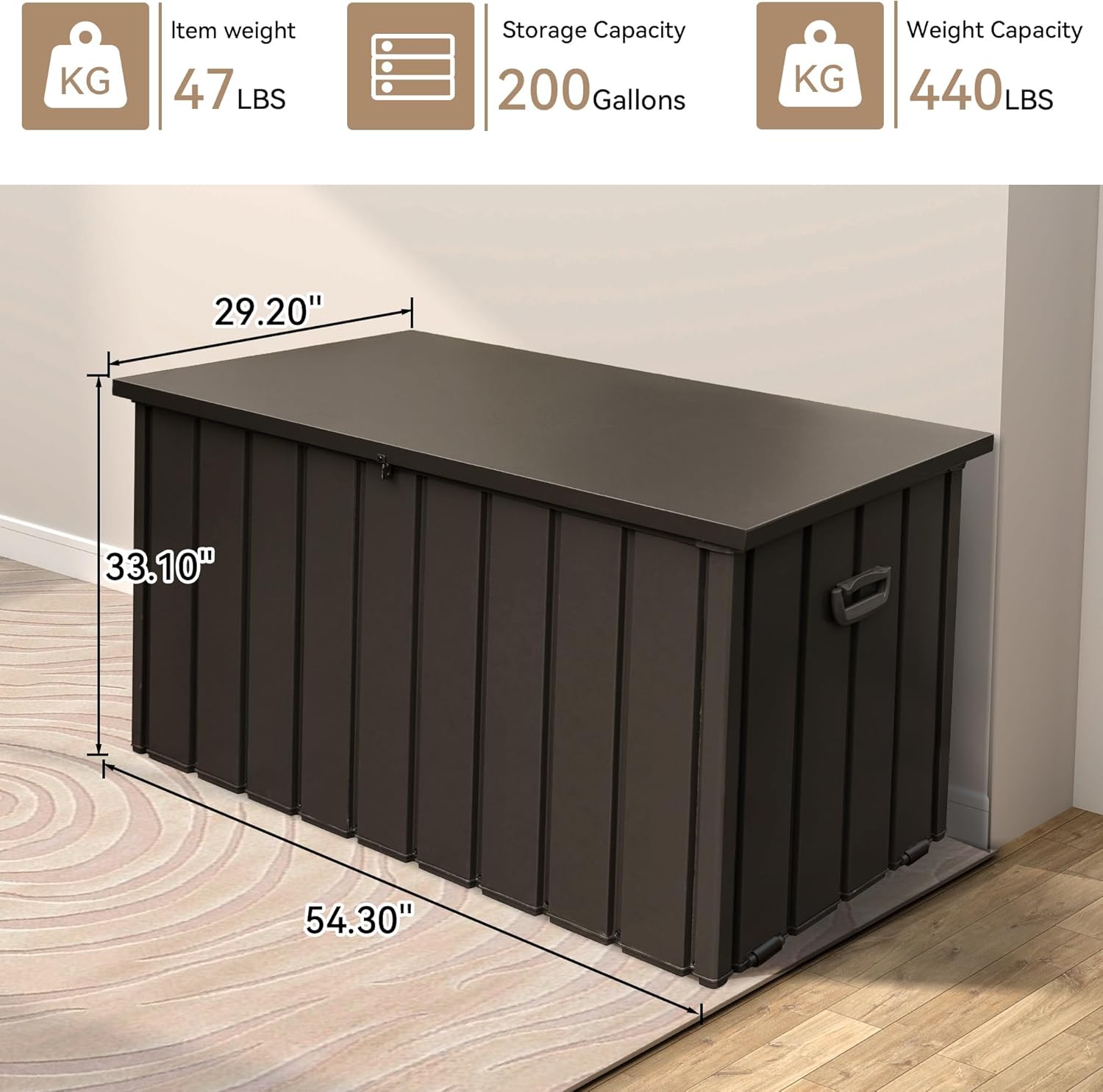 200Gallon Metal Deck Box, Outdoor Storage Box Waterproof, Large Patio Furniture Storage Cabinet, Lockable Storage Chest for Porch, Pillows, Cushions, Pool, Tools, Backyard -Brown