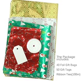 WesGen Christmas Gift Bags, 40Pcs Santa Wrapping Gift Bag in 4 Sizes and 4 Designs, with Ribbon Ties and Tags