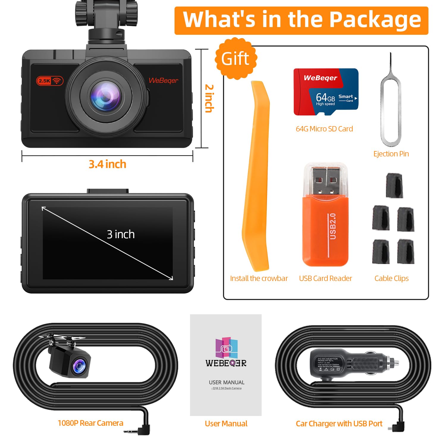 Dashcam Auto 2.5K+1080P con 64G SD Scheda