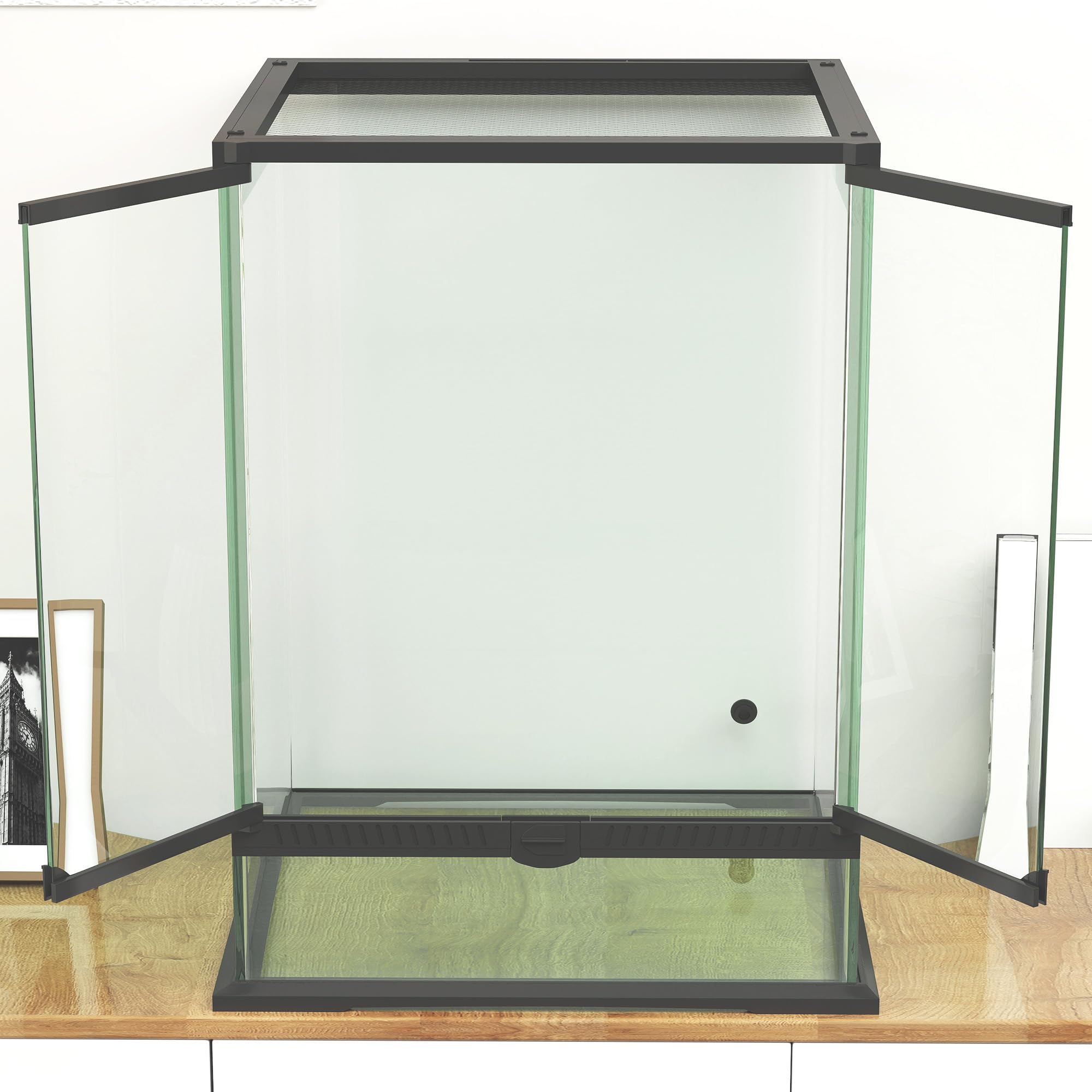PawHut Terrarium dla gadów, pojemnik na karmienie gadów, z zabezpieczeniem przed ucieczką, wentylacja 120 l, szklane sterrarium z zarządzaniem kablami, dla płazów, metalowe, czarne, 45 x 45 x 60 cm