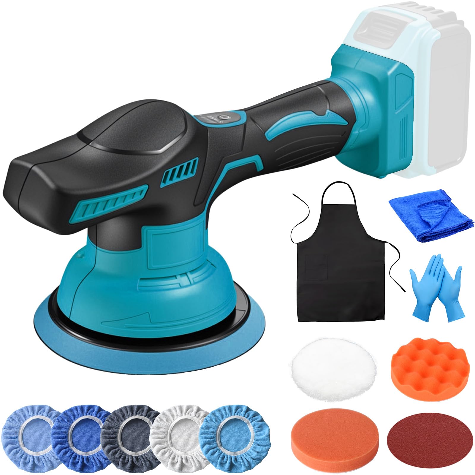 Pulidora de batería para coche, compatible con Makita 18 V – 150 mm, con 8 velocidades variables (0-4500 rpm), juego de 12 pulidores para detalles de coche, pulidora, pulir, encerar, eliminar arañazos