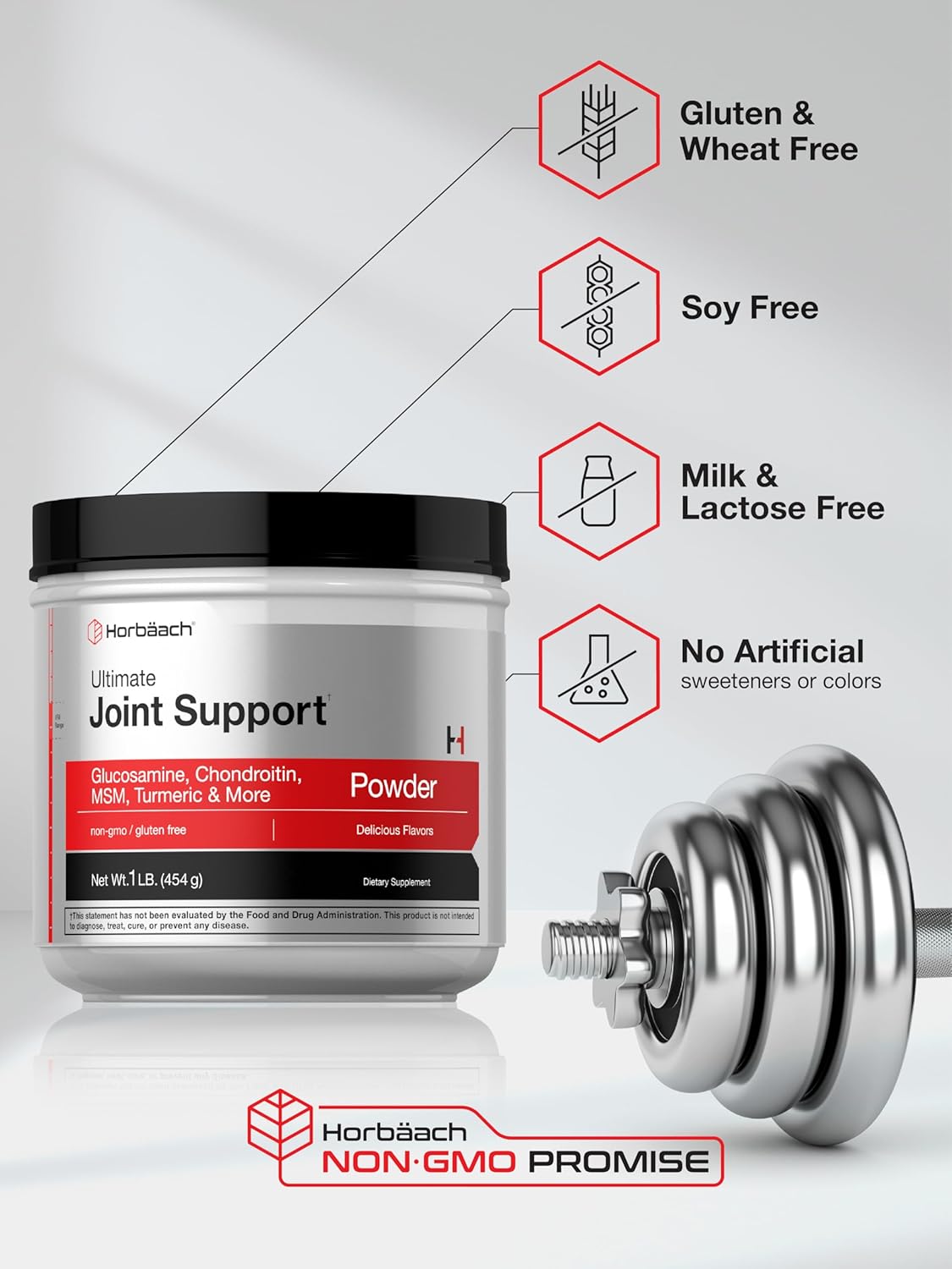 Horbaach Joint Support Supplement Powder | 1 lb | Glucosamine, Chondroitin, MSM & Turmeric | for Men and Women | Non-GMO & Gluten Free