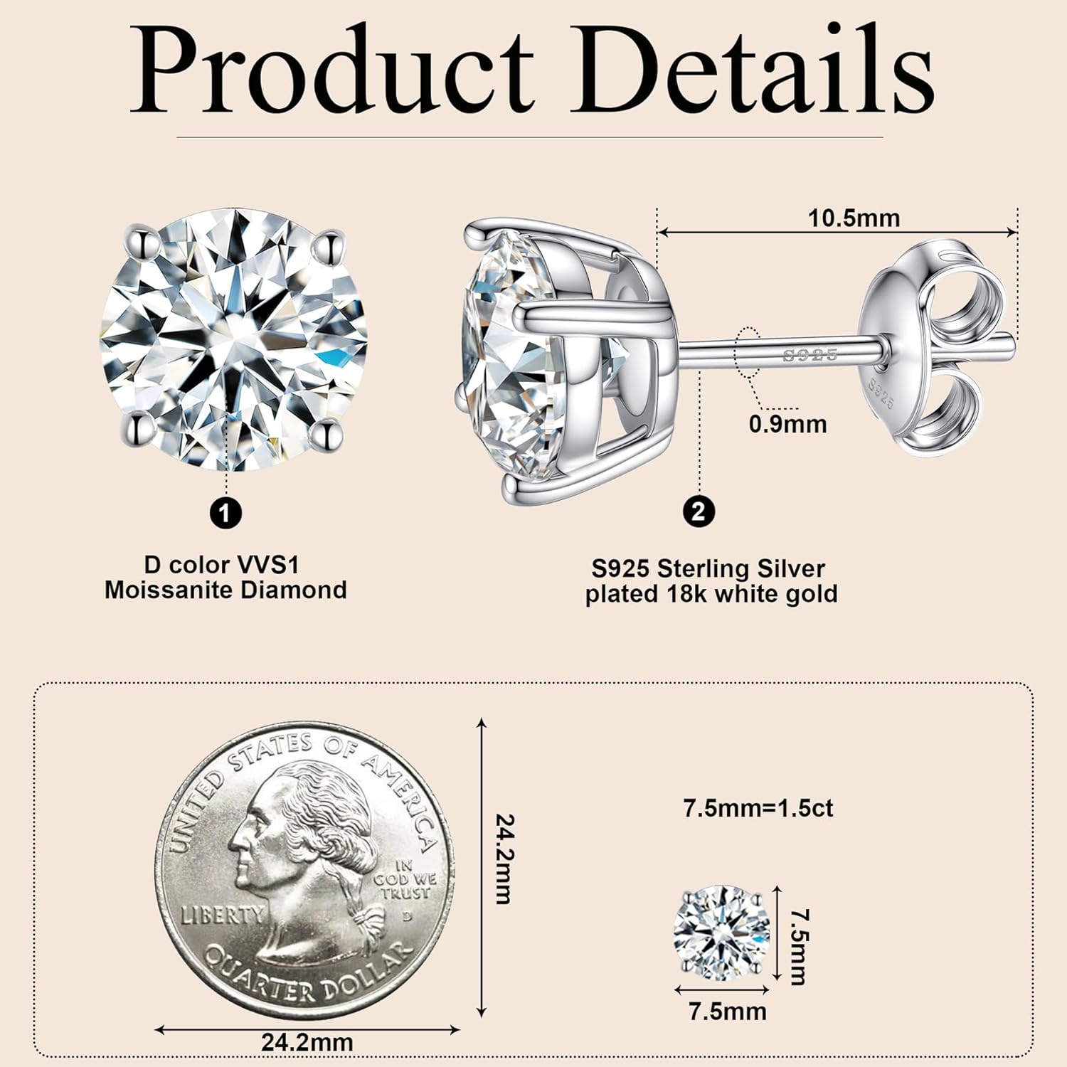 Moissanite Earrings for Women,D Color VVS1 Clarity Lab Created Gemston Men Studs S925 Sterling Silver Plated 18k White Gold Hypoallergenic Jewelry - Image 4